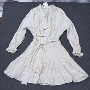 ZARA Women Boho Mini Dress Cottagecore Tie Waist Ruffle Cream S